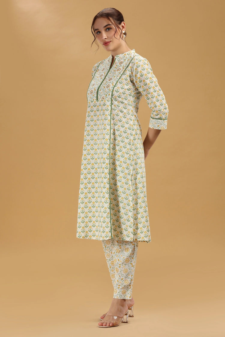 Cream & Green Jaipuri Cotton Printed A Line Kurta Pant Co ord Set for women