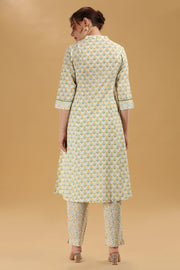Cream & Green Jaipuri Cotton Printed A Line Kurta Pant Co ord Set for women