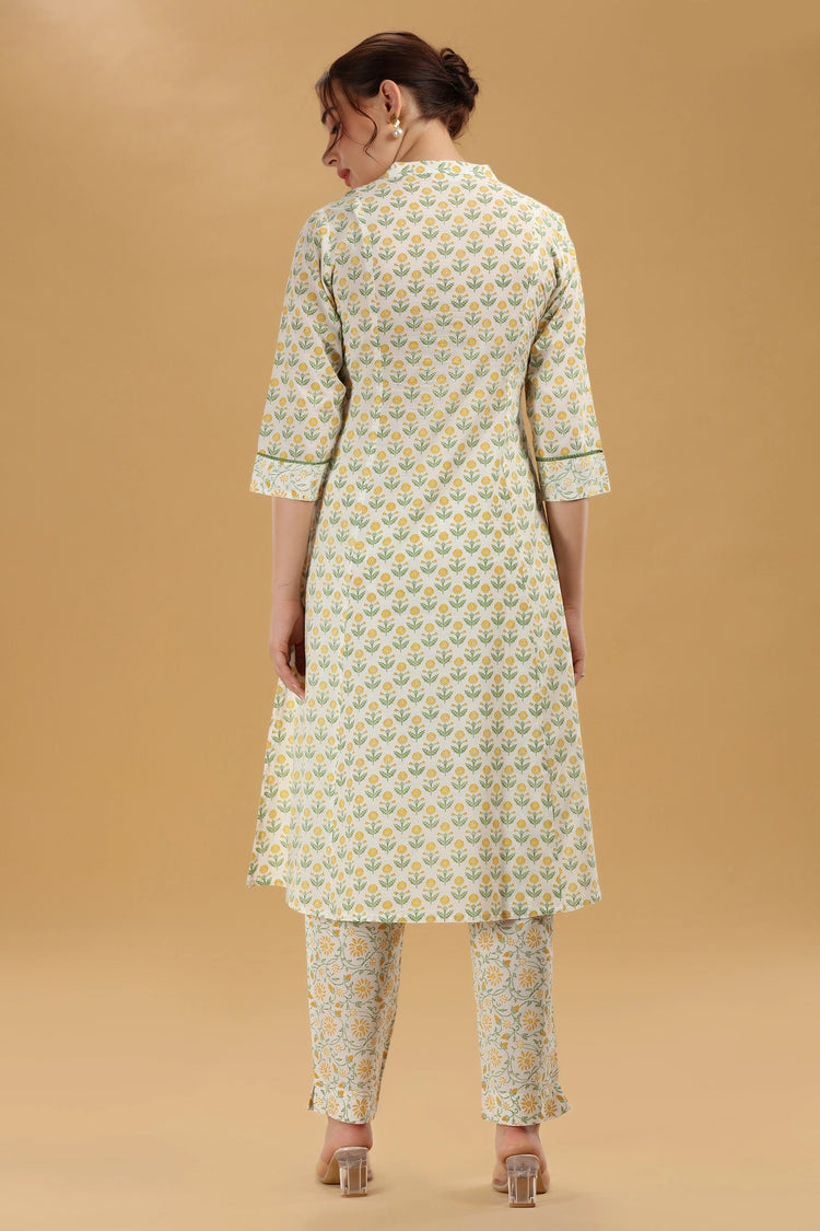 Cream & Green Jaipuri Cotton Printed A Line Kurta Pant Co ord Set for women