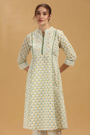 Cream & Green Jaipuri Cotton Printed A Line Kurta Pant Co ord Set for women