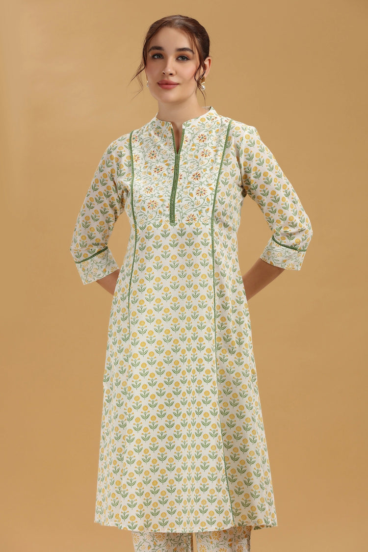 Cream & Green Jaipuri Cotton Printed A Line Kurta Pant Co ord Set for women