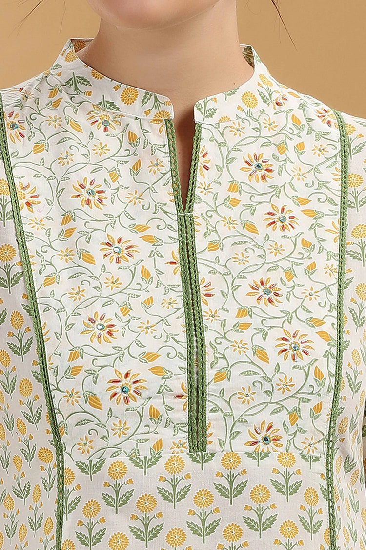 Cream & Green Jaipuri Cotton Printed A Line Kurta Pant Co ord Set for women