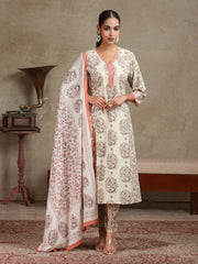 Cream & Peach Floral Printed A-Line Cotton Ethnic Set