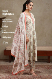 Cream & Peach Floral Printed A-Line Cotton Ethnic Set