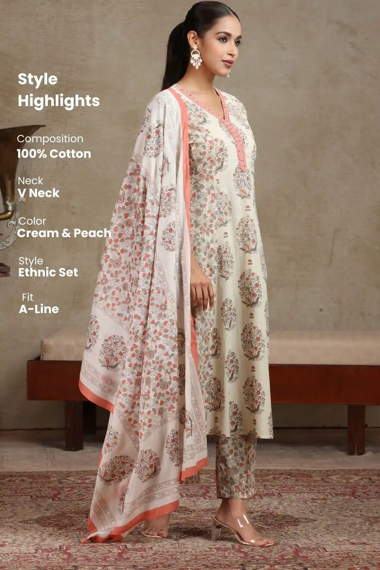 Cream & Peach Floral Printed A-Line Cotton Ethnic Set