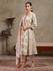 Cream & Peach Floral Printed A-Line Cotton Ethnic Set