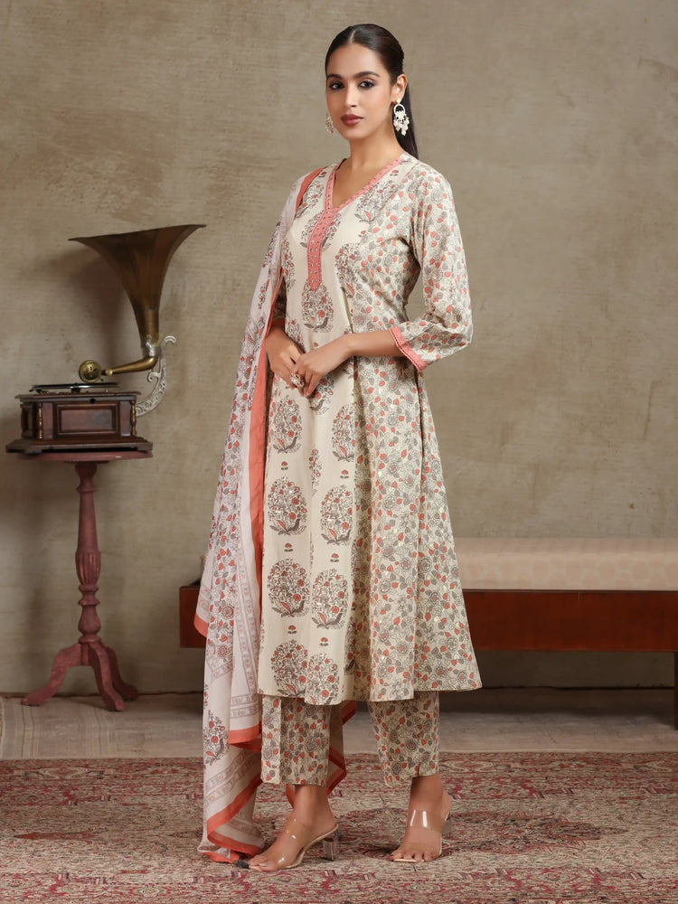 Cream & Peach Floral Printed A-Line Cotton Ethnic Set