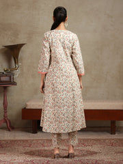 Cream & Peach Floral Printed A-Line Cotton Ethnic Set