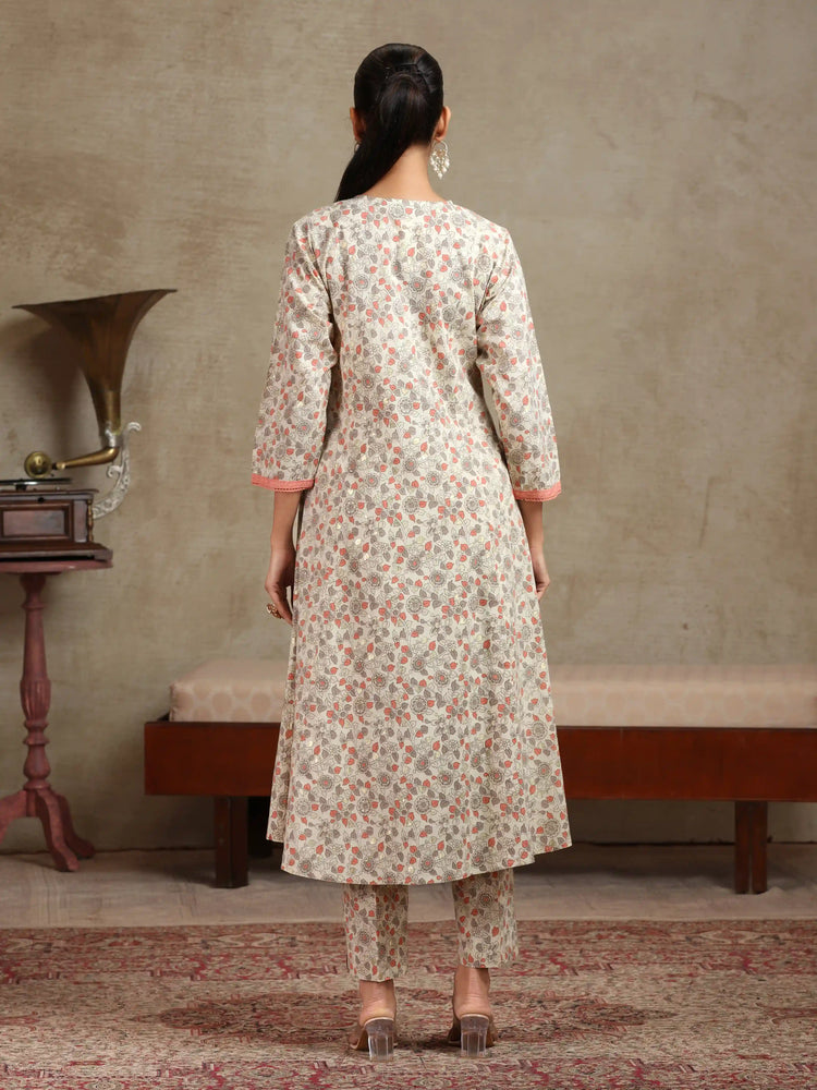 Cream & Peach Floral Printed A-Line Cotton Ethnic Set