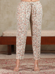 Cream & Peach Floral Printed A-Line Cotton Ethnic Set