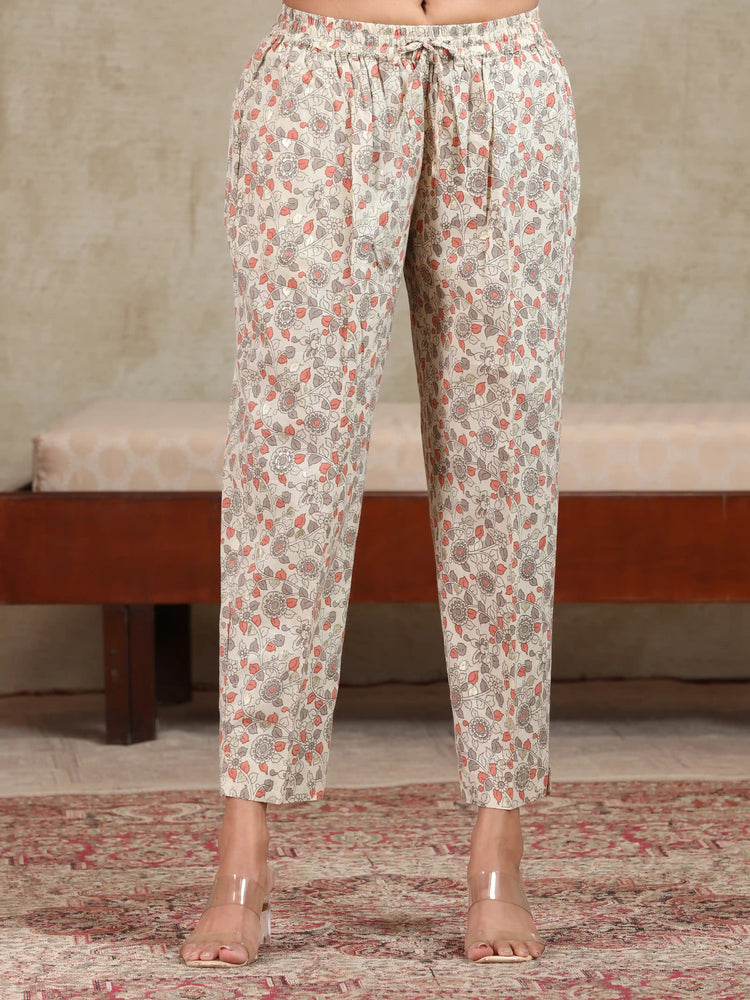 Cream & Peach Floral Printed A-Line Cotton Ethnic Set