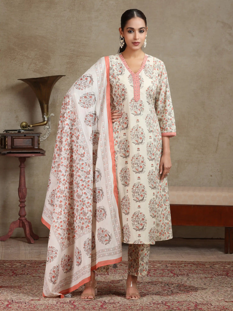 Cream & Peach Floral Printed A-Line Cotton Ethnic Set