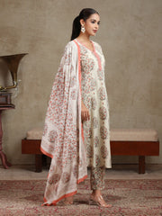 Cream & Peach Floral Printed A-Line Cotton Ethnic Set