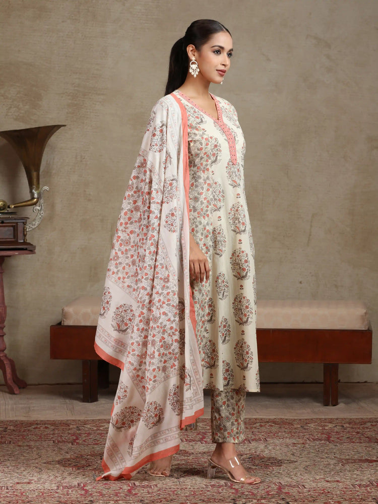 Cream & Peach Floral Printed A-Line Cotton Ethnic Set