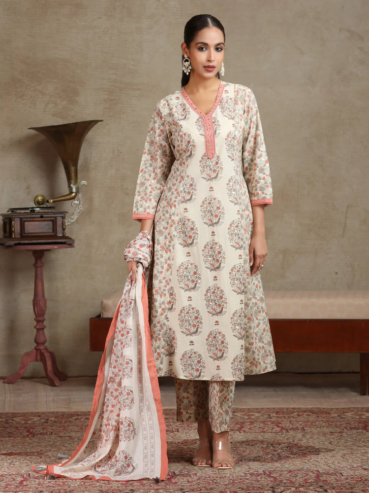 Cream & Peach Floral Printed A-Line Cotton Ethnic Set