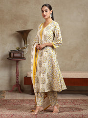 Cream & Yellow Floral Printed A-Line Cotton Ethnic Set