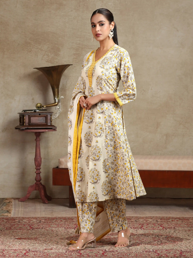 Cream & Yellow Floral Printed A-Line Cotton Ethnic Set