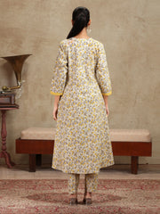 Cream & Yellow Floral Printed A-Line Cotton Ethnic Set