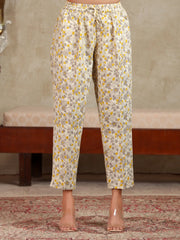 Cream & Yellow Floral Printed A-Line Cotton Ethnic Set