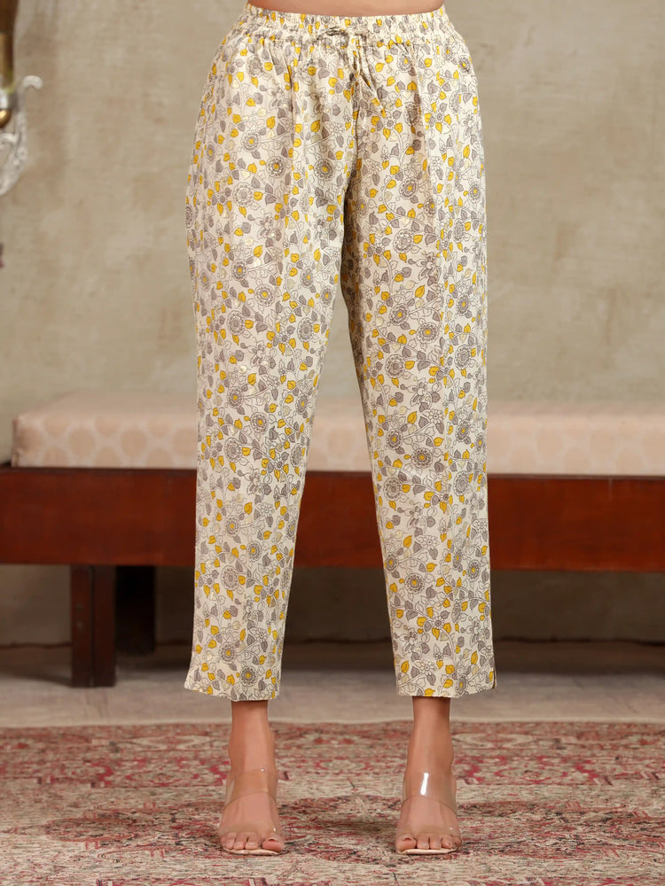 Cream & Yellow Floral Printed A-Line Cotton Ethnic Set