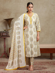 Cream & Yellow Floral Printed A-Line Cotton Ethnic Set