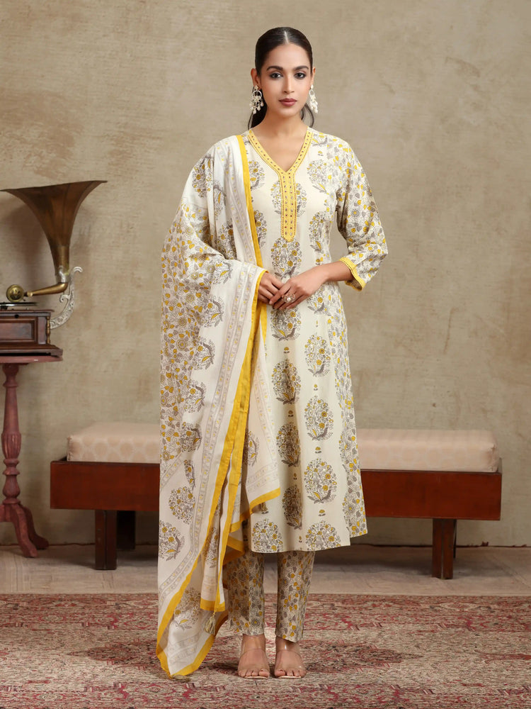 Cream & Yellow Floral Printed A-Line Cotton Ethnic Set