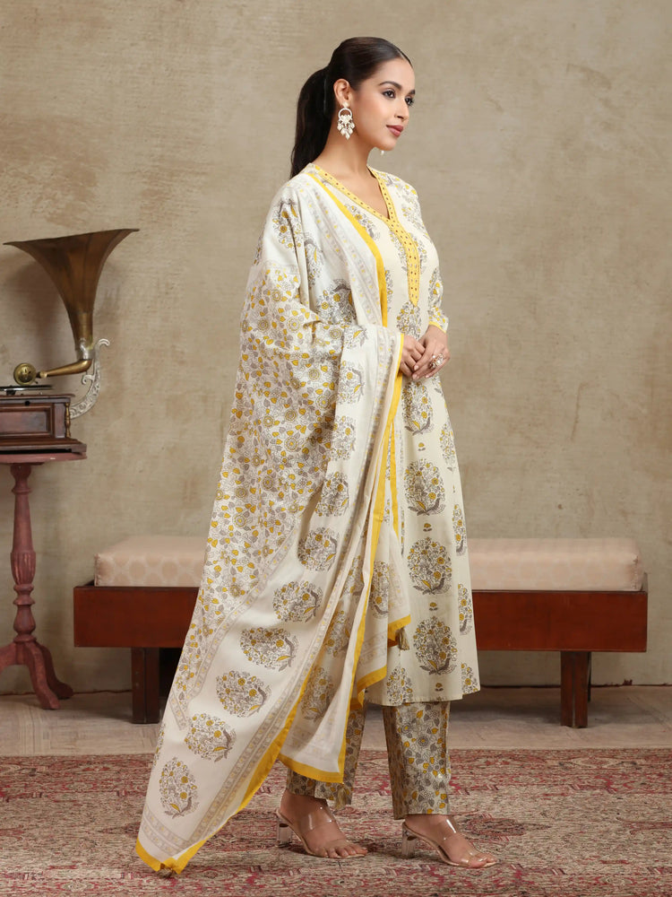Cream & Yellow Floral Printed A-Line Cotton Ethnic Set