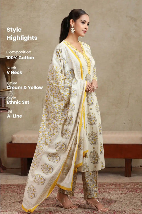 Cream & Yellow Floral Printed A-Line Cotton Ethnic Set