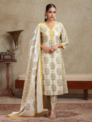 Cream & Yellow Floral Printed A-Line Cotton Ethnic Set