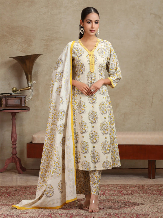 Cream & Yellow Floral Printed A-Line Cotton Ethnic Set