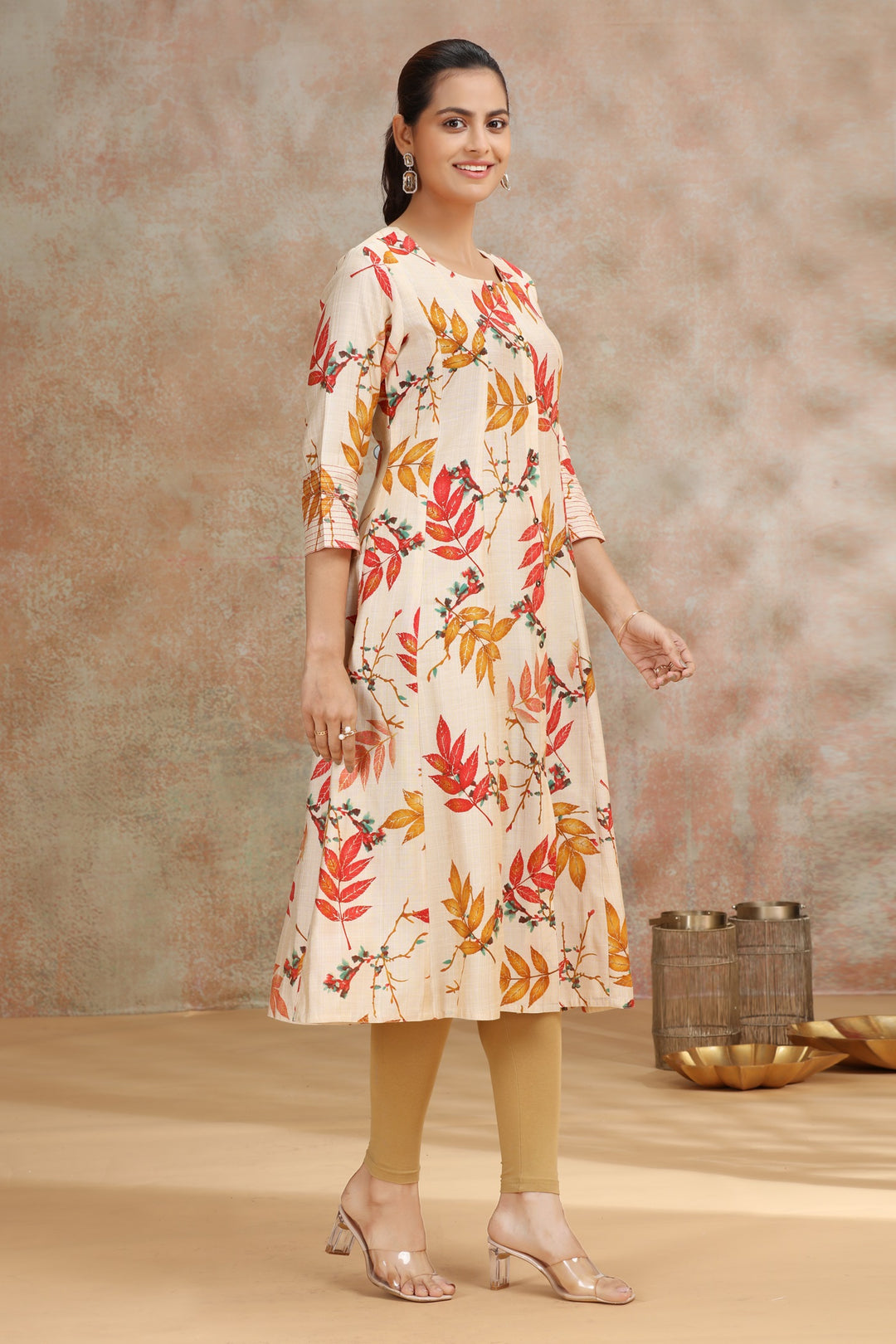 Cream & Yellow Viscose Printed A Line Kurta