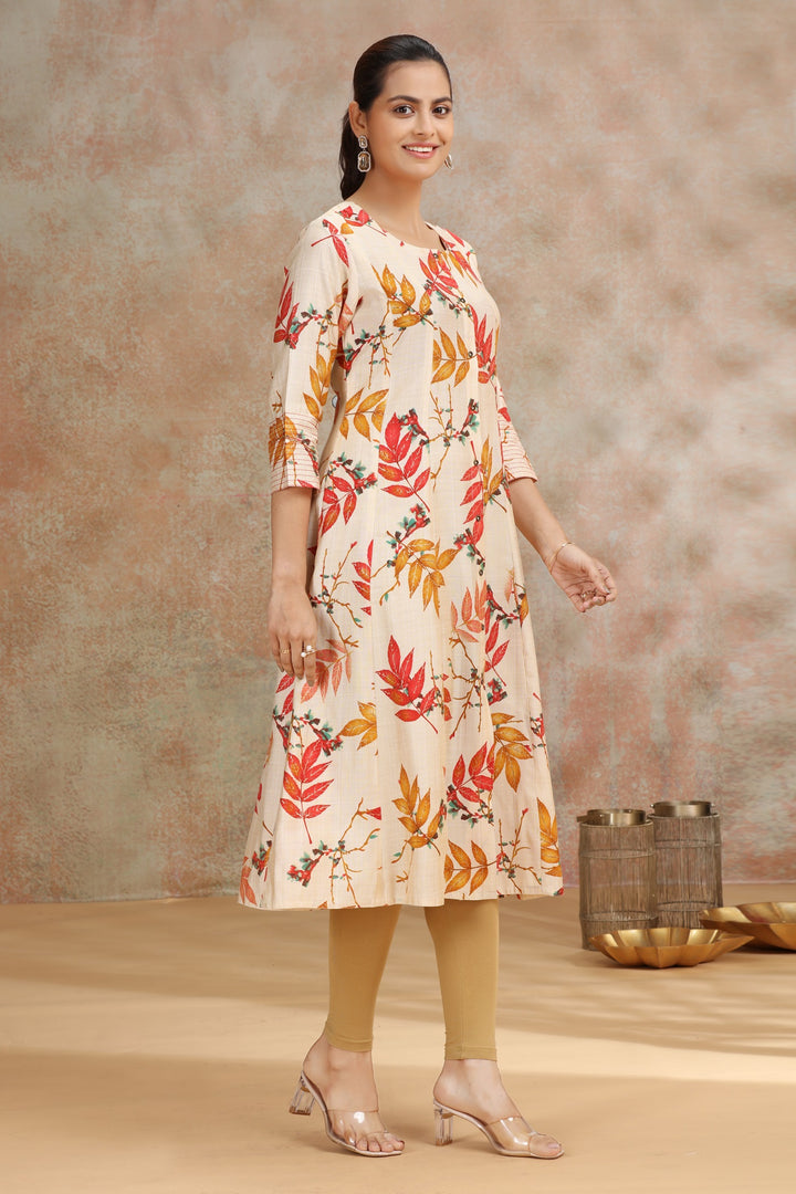 Cream & Yellow Viscose Printed A Line Kurta
