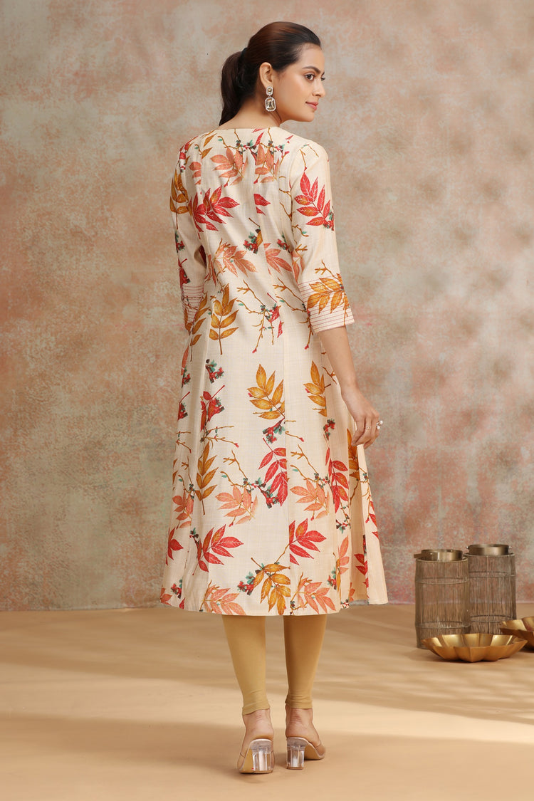 Cream & Yellow Viscose Printed A Line Kurta