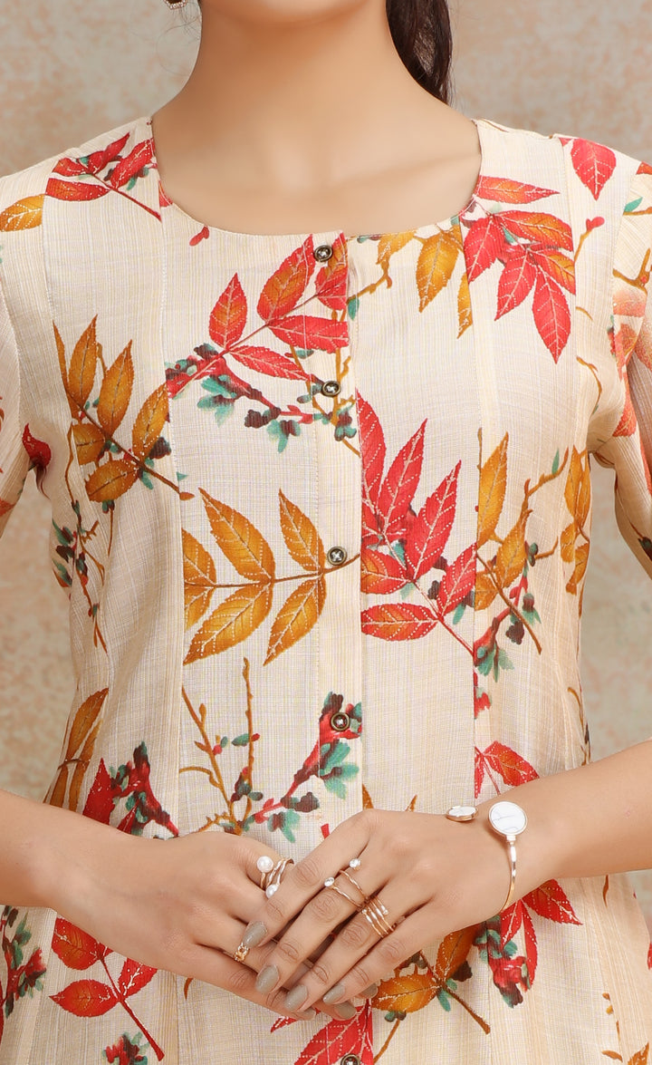 Cream & Yellow Viscose Printed A Line Kurta