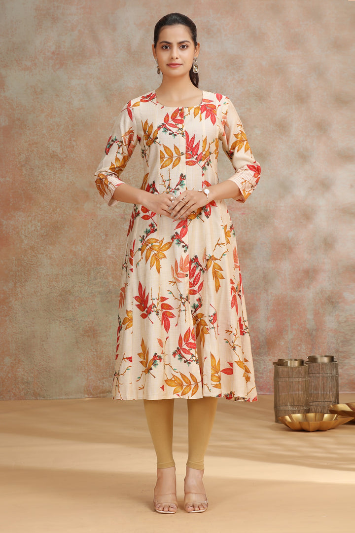 Cream & Yellow Viscose Printed A Line Kurta