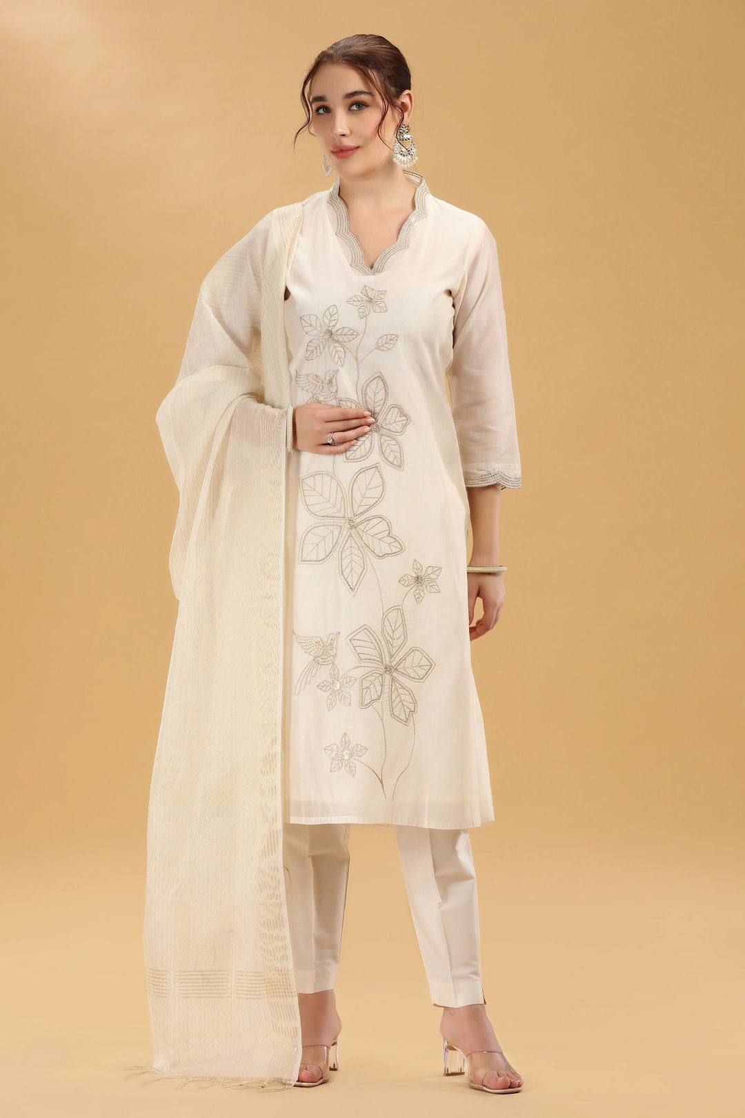 Cream Embroidered Chanderi Straight Kurta Pant And Dupatta Suit Set for women