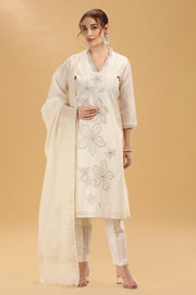 Cream Embroidered Chanderi Straight Kurta Pant And Dupatta Suit Set for women