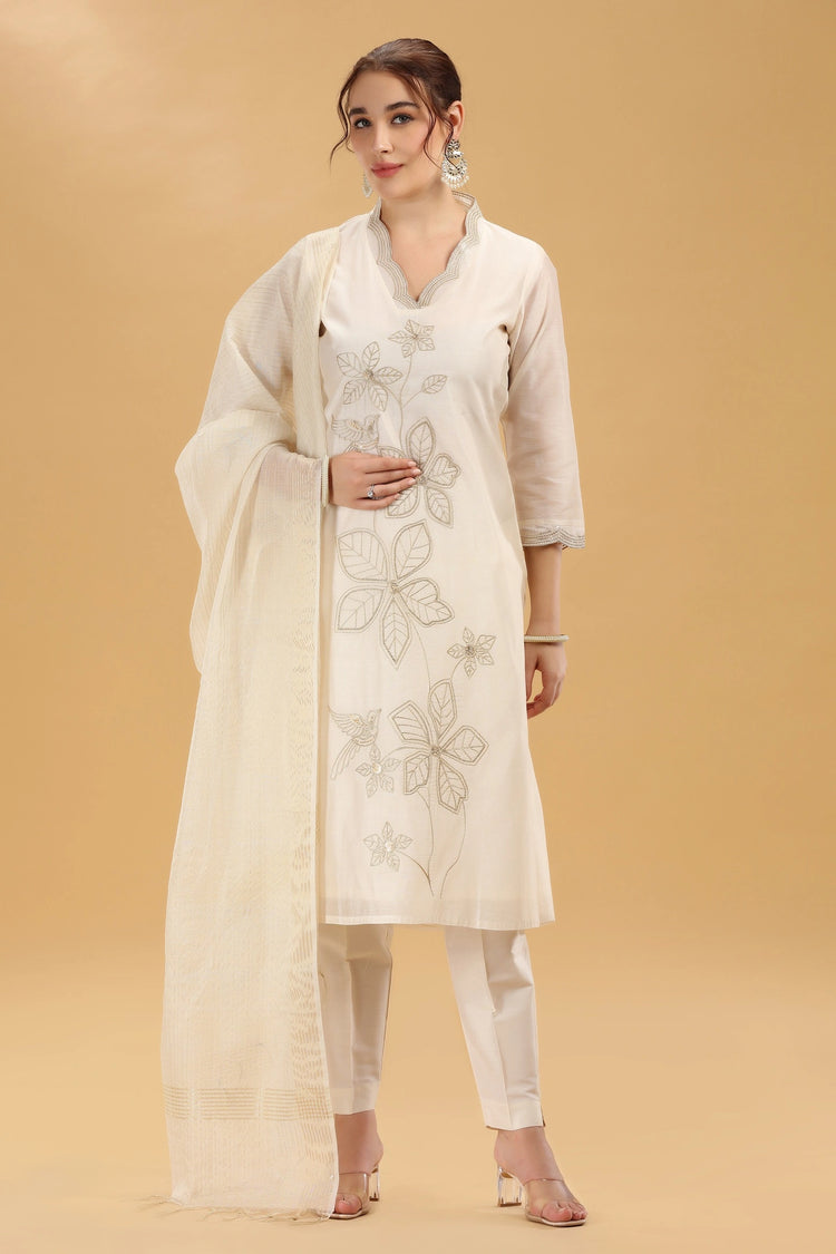 Cream Embroidered Chanderi Straight Kurta Pant And Dupatta Suit Set for women