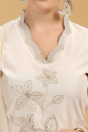 Cream Embroidered Chanderi Straight Kurta Pant And Dupatta Suit Set for women