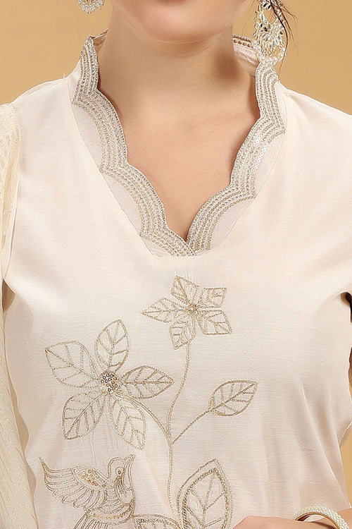 Cream Embroidered Chanderi Straight Kurta Pant And Dupatta Suit Set for women