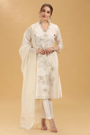 Cream Embroidered Chanderi Straight Kurta Pant And Dupatta Suit Set for women