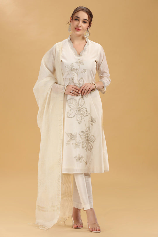 Cream Embroidered Chanderi Straight Kurta Pant And Dupatta Suit Set for women