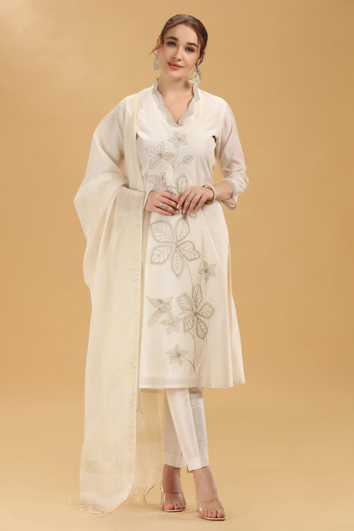 Cream Embroidered Chanderi Straight Kurta Pant And Dupatta Suit Set for women