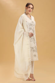 Cream Embroidered Chanderi Straight Kurta Pant And Dupatta Suit Set for women