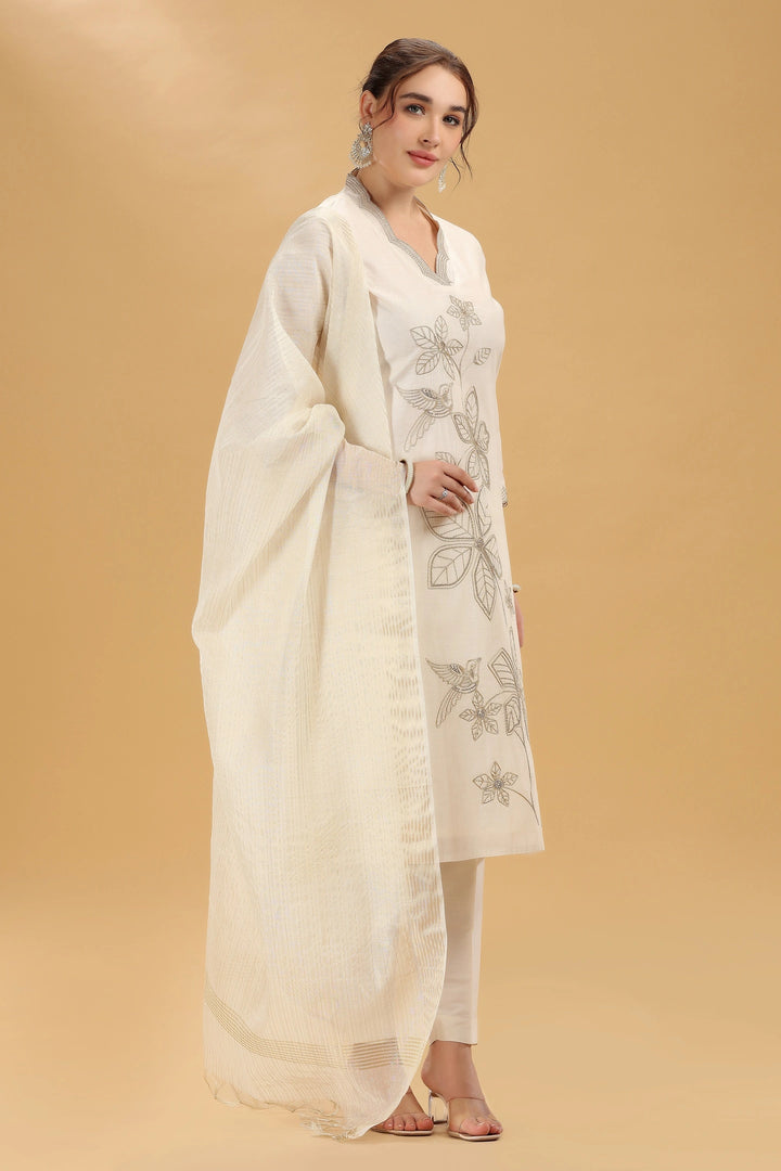 Cream Embroidered Chanderi Straight Kurta Pant And Dupatta Suit Set for women