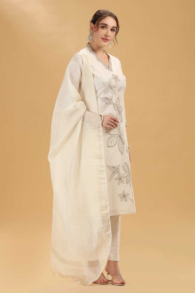 Cream Embroidered Chanderi Straight Kurta Pant And Dupatta Suit Set for women