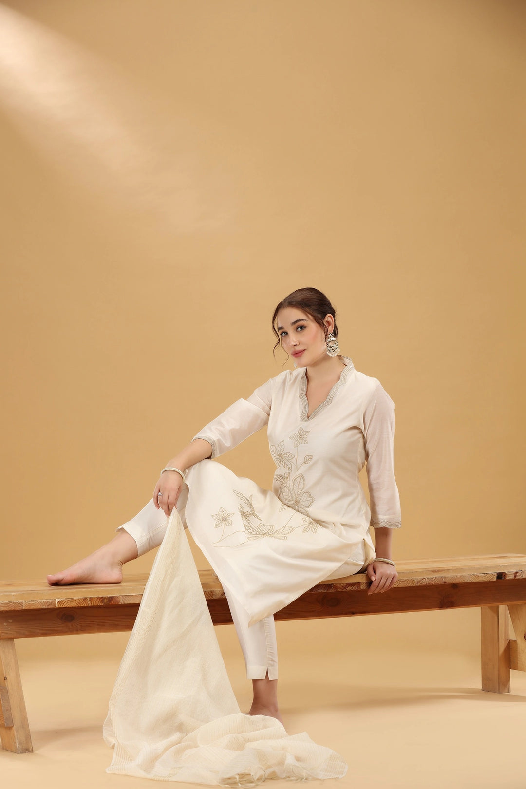 Cream Embroidered Chanderi Straight Kurta Pant And Dupatta Suit Set for women