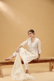 Cream Embroidered Chanderi Straight Kurta Pant And Dupatta Suit Set for women