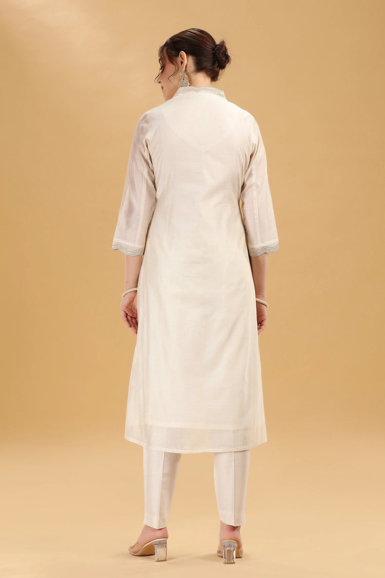 Cream Embroidered Chanderi Straight Kurta Pant And Dupatta Suit Set for women