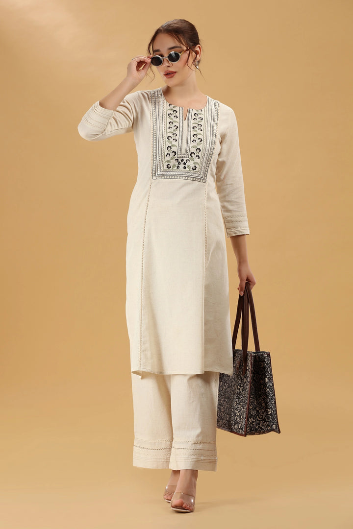 Cream Embroidered Flex Cotton Straight Kurta for women